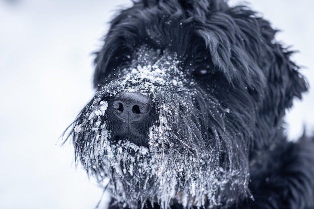 Schöner schwarzer Hund Riesenschnauzer auf einem Spaziergang im Winter bei Schneewetter