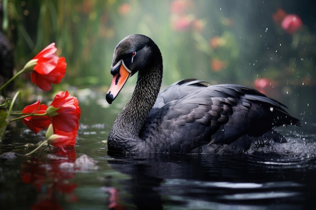 Schöner schwarzer Schwan in einem Sommersee