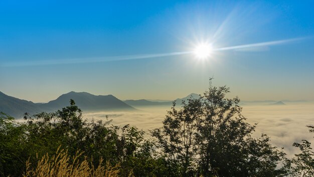 Schöner Sonnenaufgang am Morgen mit Nebel auf dem Berg.