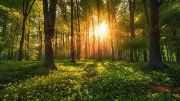 Schöner Sonnenaufgang im grünen Wald Ai Generative