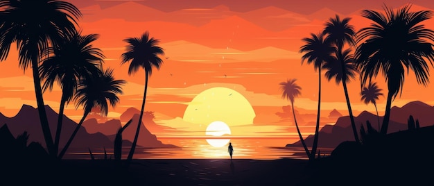 Schöner Sonnenuntergang am Strand mit den Silhouetten von Palmen Generative AI