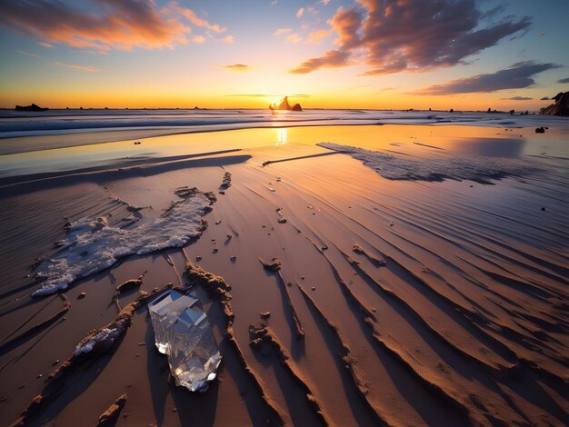 Schöner Sonnenuntergang am Strand mit Eisschwemmungen im Vordergrund