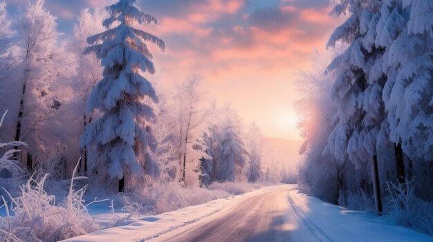 Schöner Sonnenuntergang auf der schneebedeckten Winterstraße