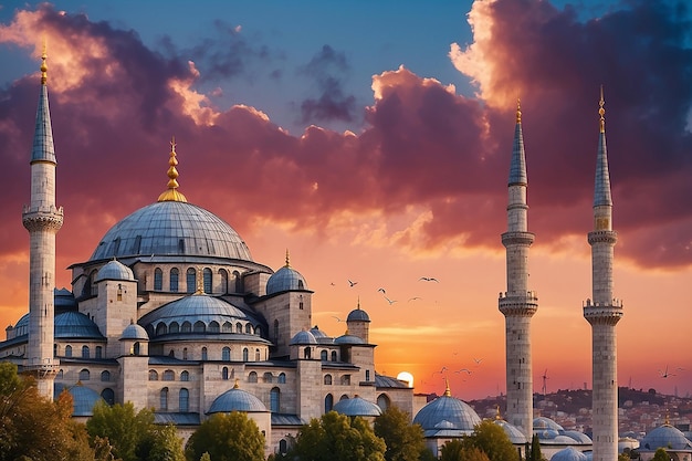 Schöner Sonnenuntergang in Istanbul, Türkei Die Blaue Moschee, das berühmteste Wahrzeichen Istanbuls, wird von rosa Sonnenuntergangslicht beleuchtet. Ramadan-Hintergrund mit Neumond und Stern
