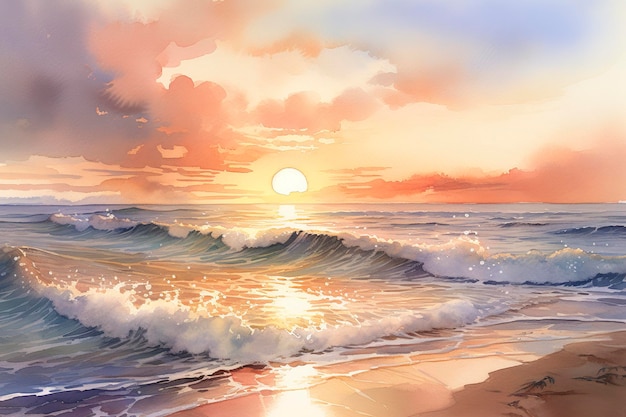 Schöner Sonnenuntergang über dem Ozean mit sanften Farben von Rosa, Lila und Orange Aquarell Malerei Generative KI