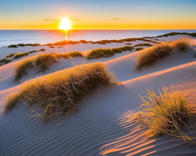 Schöner Sonnenuntergang über den Dünen der Insel des Meeres