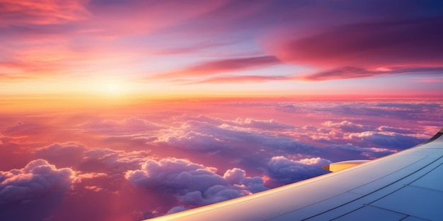 Schöner Sonnenunterganghimmel über Wolken mit dramatischem Licht Kabinenansicht vom Flugzeug