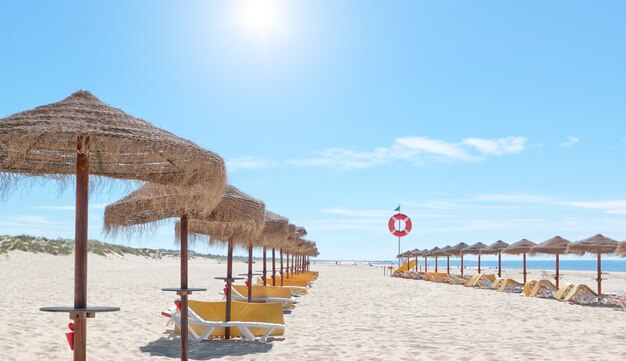 Schöner sonniger Strand in Portugal mit Sonnenschirmen und Sonnenliegen am Meer. Sommer.