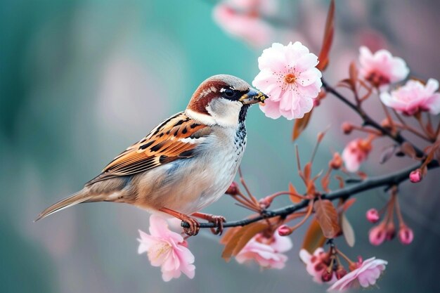 Schöner Spatz im Frühlingsgarten mit Blütenbaum Weltspatztag