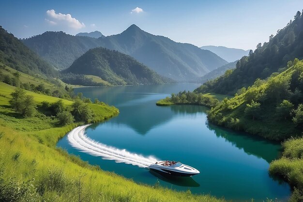 Schöner Speedboot See und Hügel
