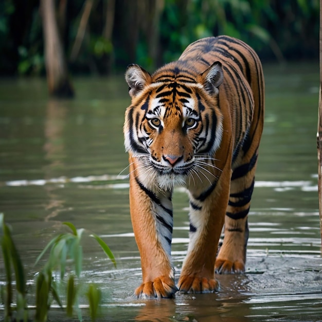 Schöner stehender königlicher Bengaltiger in Sundarban in Bangladesch Fotografie Bild Ai erzeugte Kunst