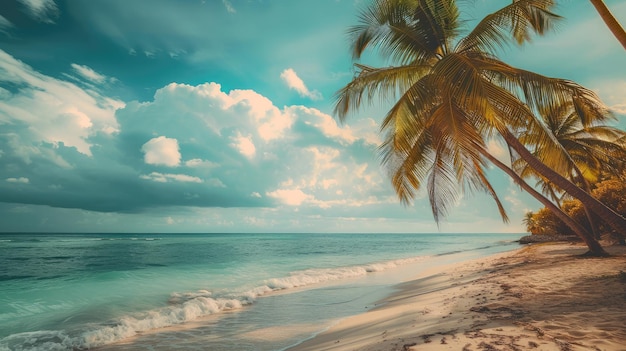 Schöner Strand mit Palmen und launischem Himmel Sommerferien Reisen Urlaub Hintergrundkonzept