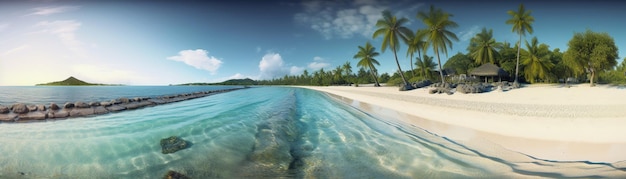 Schöner Strand mit Palmen und türkisfarbenem Meer Art Sommerurlaub Meer mit Insel im Hintergrund Generative AI