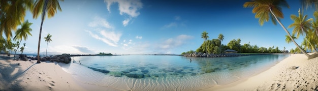 Schöner Strand mit Palmen und türkisfarbenem Meer Art Sommerurlaub Meer mit Insel im Hintergrund Generative AI