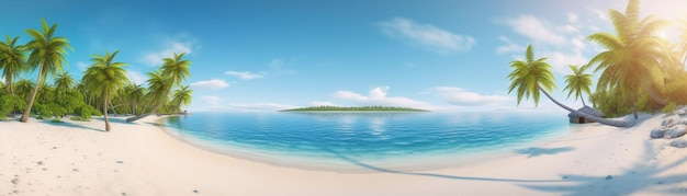 Schöner Strand mit Palmen und türkisfarbenem Meer Art Sommerurlaub Meer mit Insel im Hintergrund Generative AI