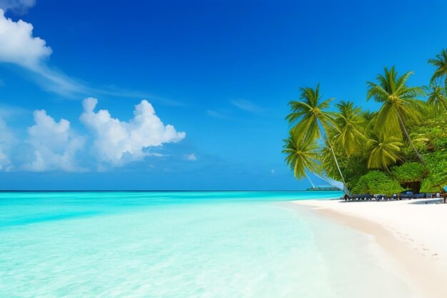 schöner Strand mit weißem Sand, türkisfarbenem Ozean, blauem Himmel mit Wolken und Kokosnussbaum über dem Wasser