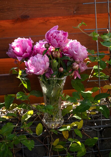 Schöner Strauß rosa Pfingstrosen in der Vase