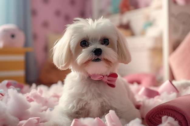 Schöner, süßer, weißer, flauschiger Hund mit gepflegtem Haustier, der ein Band trägt und im Zimmer spielt