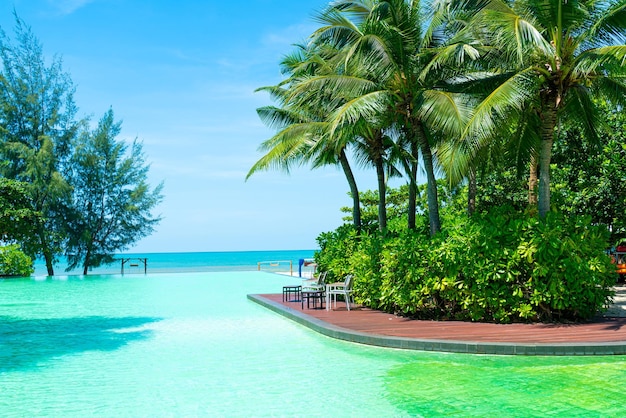 Schöner Swimmingpool mit Kokospalme und Meereshintergrund