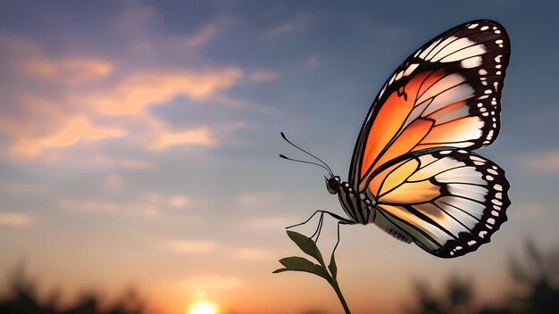 schöner tropischer durchsichtiger Schmetterling gegen den Hintergrund des Sonnenuntergangs