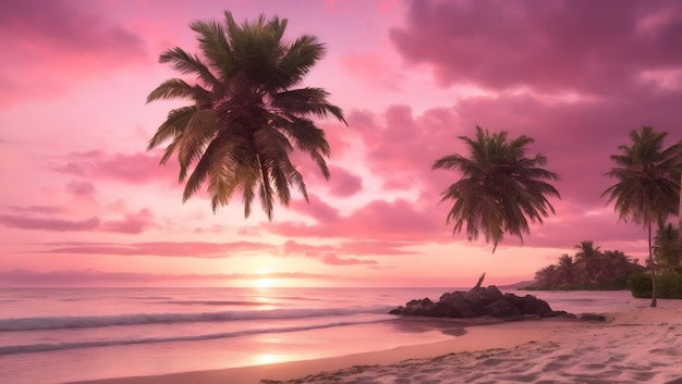 Schöner tropischer Strand bei Sonnenuntergang mit Palmen und rosa Himmel für Reisen und Ferien