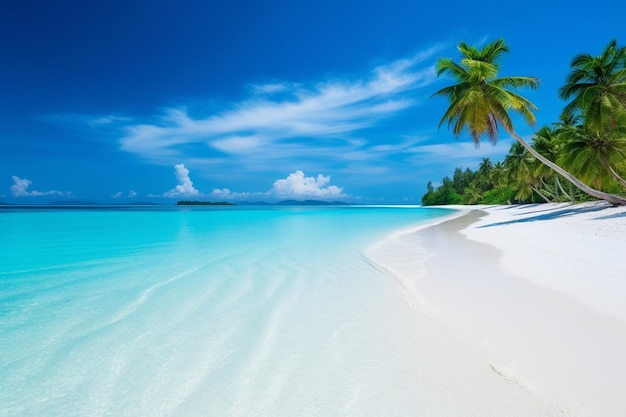 Schöner tropischer Strand, Meer und Sand mit Kokosnusspalme am blauen Himmel und weißen Wolken