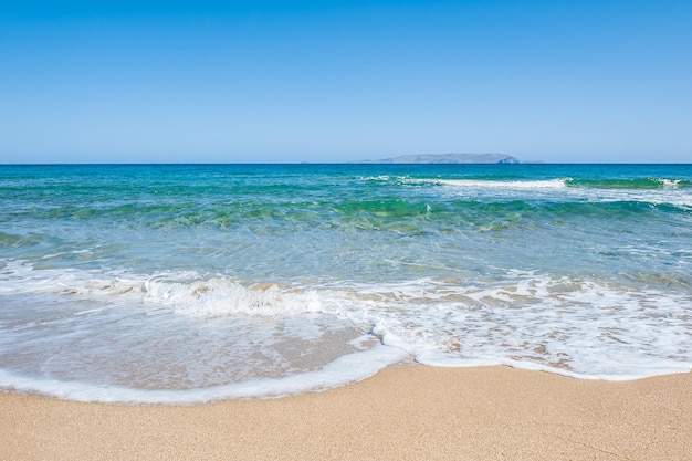 Schöner tropischer Strand mit türkisfarbenem Wasser und weißem Sand. Malia-Strand, Kreta-Insel, Griechenland.