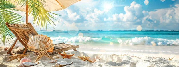 Schöner tropischer Strand mit weißem Sand, Meeresstern und Muscheln an der Küste, Palmen, Regenschirmstuhl, blauer Himmel mit Bokeh-Sonnenlicht, Banner-Hintergrund