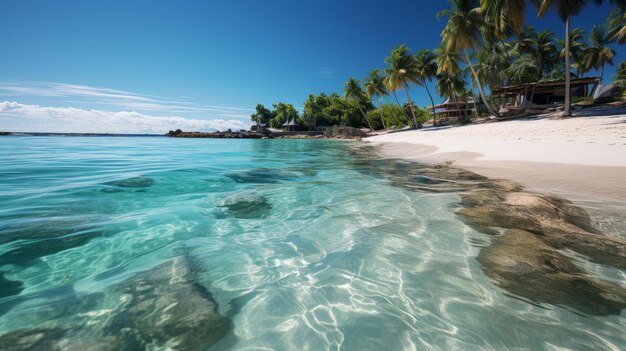 Schöner tropischer Strand mit weißem Sand, Palmen, türkisfarbenem Ozean