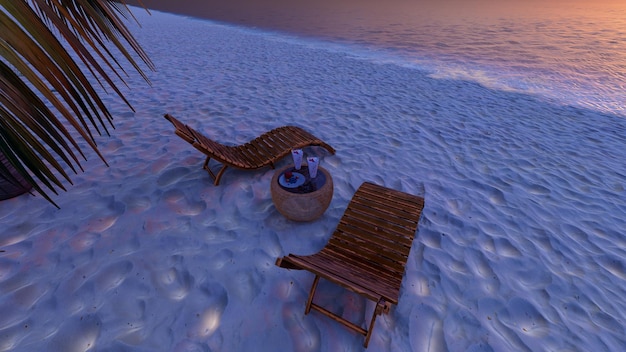 Schöner tropischer Strandsonnenuntergang mit 2 Stühlen entspannen 3D-Rendering