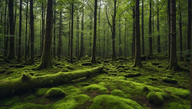 Schöner und friedlicher Wald mit grünem Moos