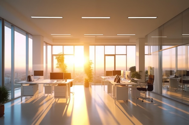 Schöner verschwommener Hintergrund eines hellen, modernen Bürointerieurs mit Panoramafenstern