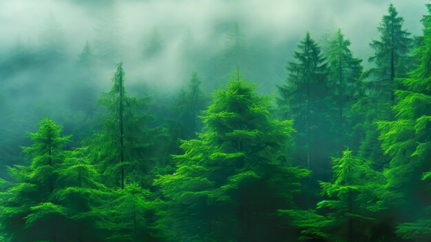 Schöner verschwommener Nebelwald hintergrund der Morgendämmerung pierce abgeschiedenen Wald