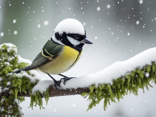 schöner Vogel, der im Spätherbst im Park auf einem Zweig einer Birke im Schnee sitzt