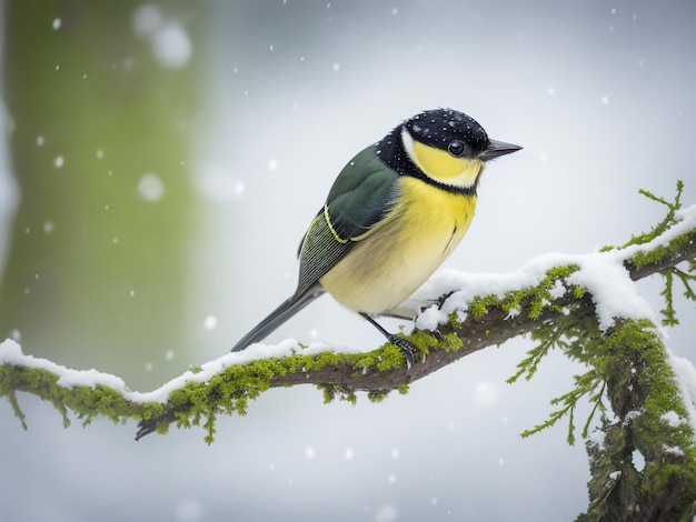 schöner Vogel, der im Spätherbst im Park auf einem Zweig einer Birke im Schnee sitzt