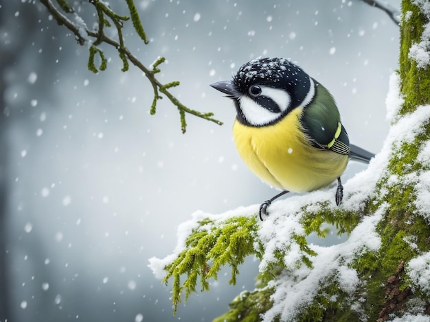 schöner Vogel, der im Spätherbst im Park auf einem Zweig einer Birke im Schnee sitzt