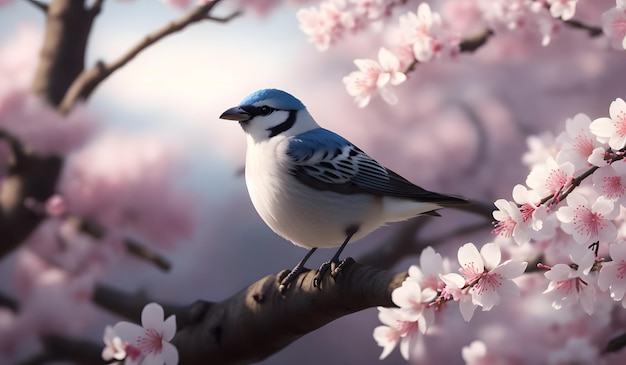 Schöner Vogel mit Fantasie-Sakura-Baum. Generative KI