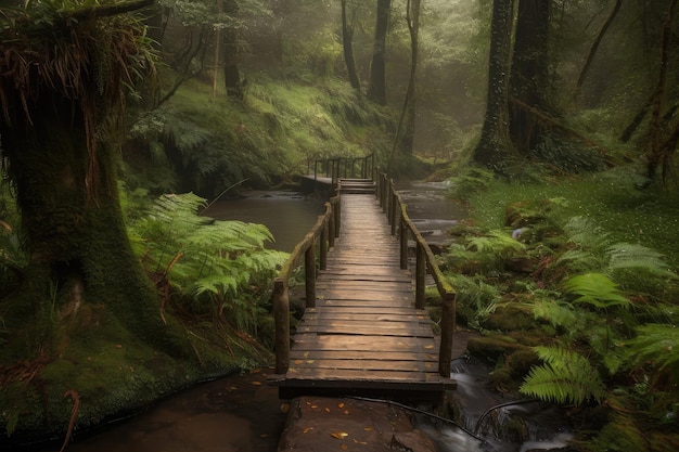 Schöner Wald mit Holzstegweg und Wasserfall im Hintergrund