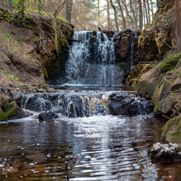 Schöner Wasserfall in der Landschaft des Frühlingswaldes