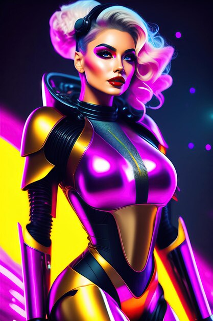 Schöner weiblicher Roboter-Cyborg auf Weltraumnebel-Hintergrund Neonpunk-Pin-up-Stil 3D-Illustration