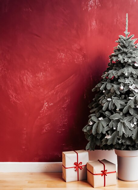 Schöner Weihnachtsbaum mit Geschenken und staubroter strukturierter Wand. Monochromes, leeres Wohnzimmer