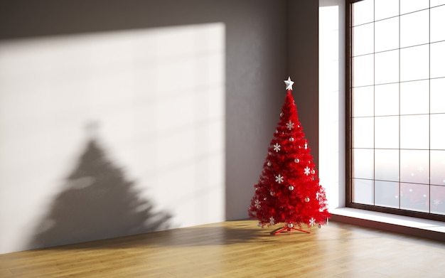 Schöner Weihnachtsbaum und Geschenkboxen im Zimmer Platz für Text