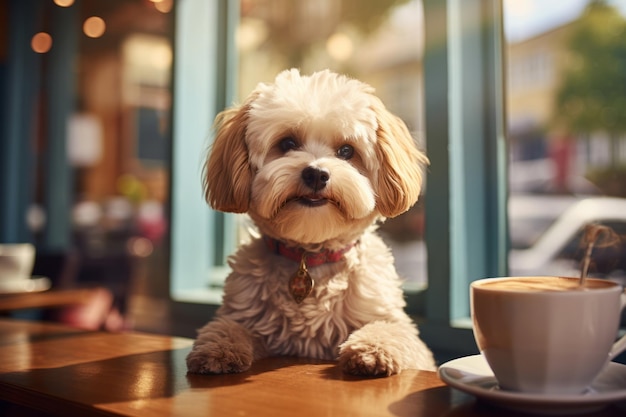 Schöner weißer Hund sitzt am Cafétisch mit einer Tasse Kaffee. Willkommenskonzept für Hunde