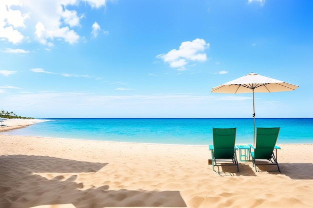 Schöner weißer Sandstrand mit Chaiselongue und Sonnenschirm Generative AI