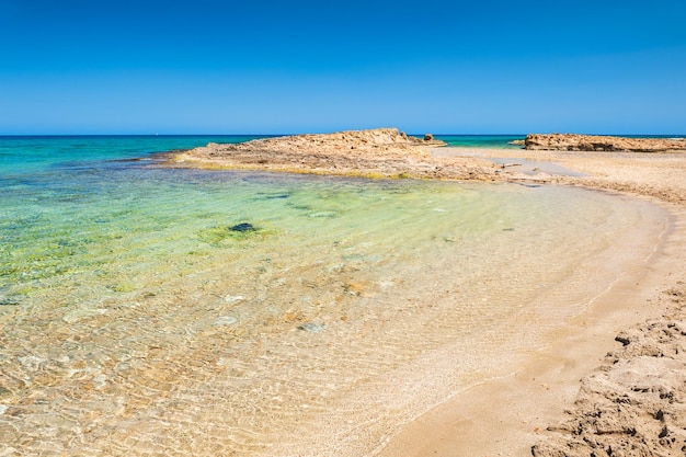 Schöner wilder Strand mit klarem türkisfarbenem Wasser. Malia-Strand, Kreta-Insel, Griechenland.