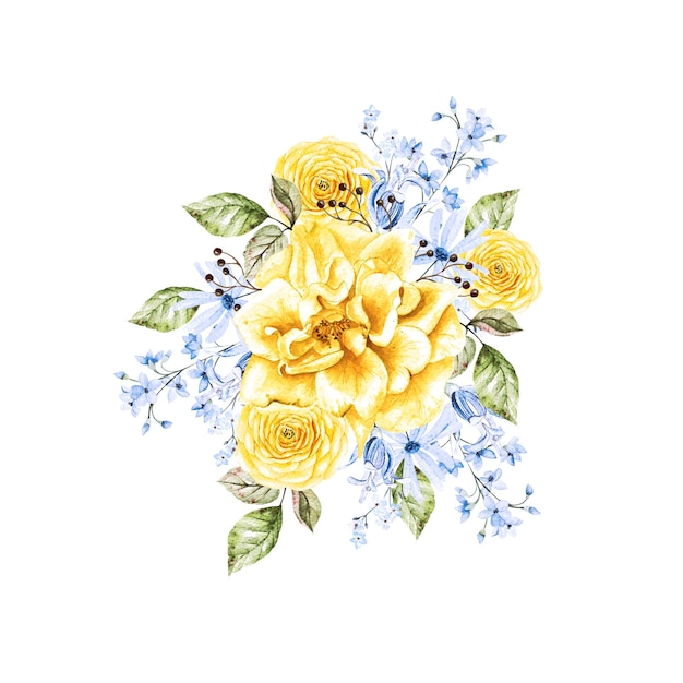 Schöner zarter Aquarellblumenstrauß mit verschiedenen Blumen in den blauen und gelben Farben IllustrationxA