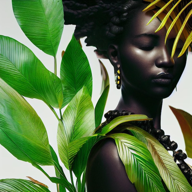 Schönes afrikanisches Frauenporträt mit Pflanzen und Blumen 3D-Rendering