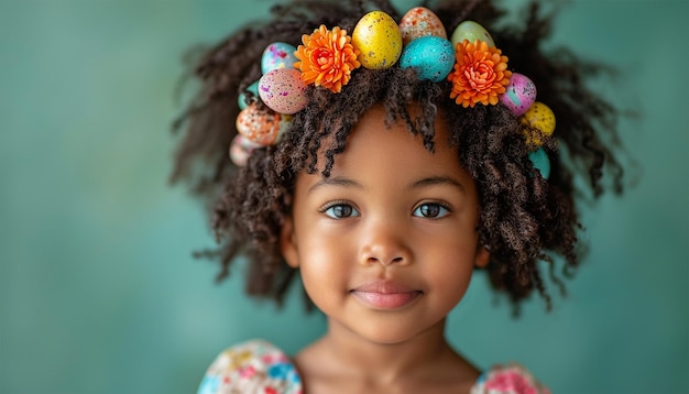 Schönes afroamerikanisches kleines Mädchen mit bemalten Ostereier Dekoration in den Haaren auf Pastellgrün