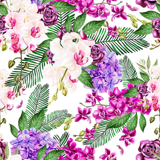 Schönes Aquarellmuster mit Orchideenblumen Rose und Hudrangea Illustration