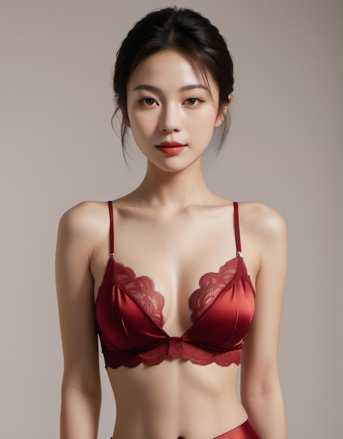 Schönes asiatisches Mädchen in Dessous oder BH vor schlichtem, sauberem Hintergrund